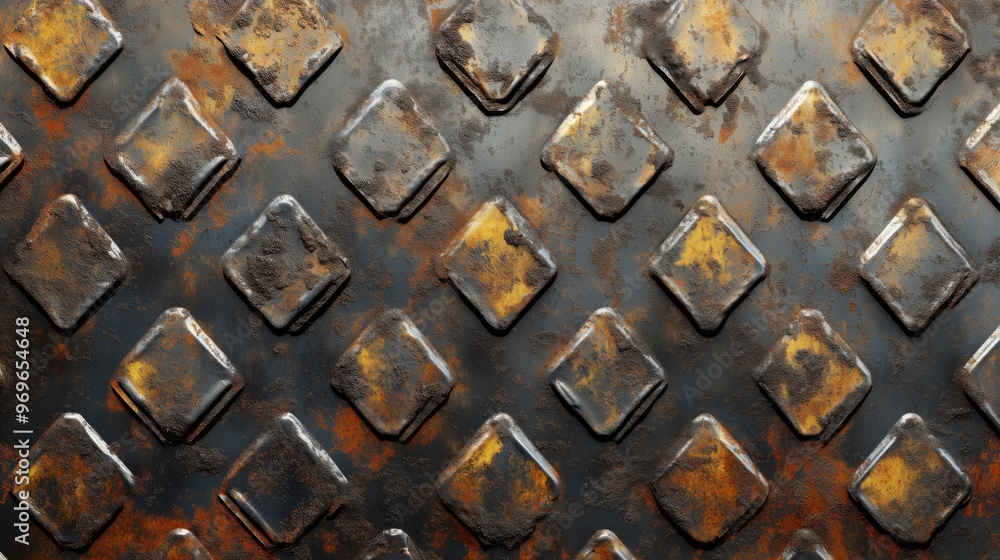 Poster the image is of a rusted metal surface with a pattern of squares. the surface appears to be old and 