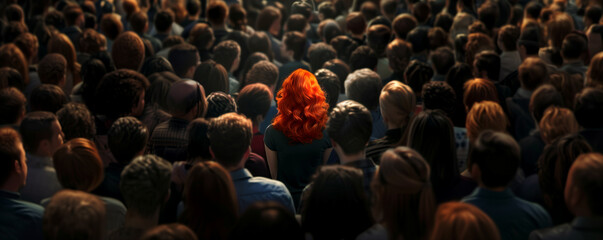 Woman with vibrant red hair stands out in a sea of dark-haired people, symbolizing individuality and the courage to be different