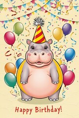 Naklejka premium Birthday hippo with balloons and confetti