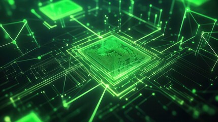 Obraz premium Quantum computing core enveloped in neon green light, with flowing data streams and geometric algorithmic symbols radiating from it, in a vibrant digital realm