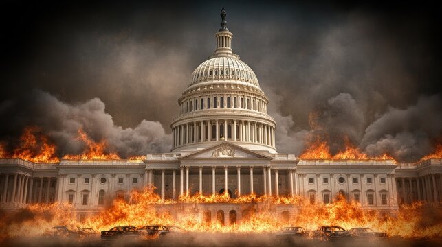 Tension erupts with burning cars and a darkened backdrop, showcasing chaos and the grim realities of urban strife and environmental collapse