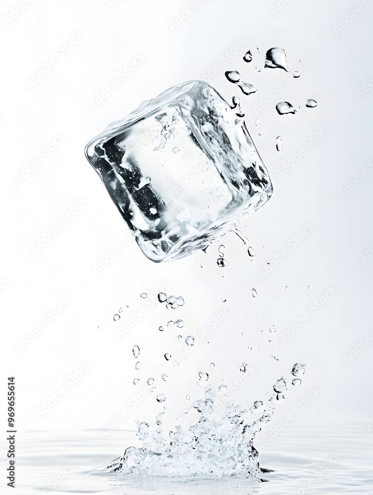 Poster icy cold transparent water cube splashing against a white background creating a refreshing and minim