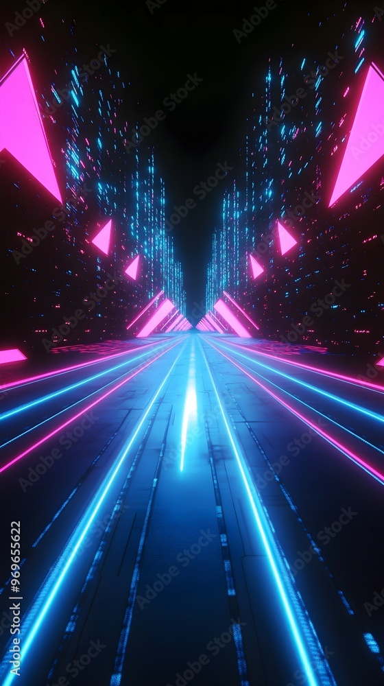 Poster hyperspeed neon arrow motion light effect in retrofuturistic megacity landscape with dynamic symmetr