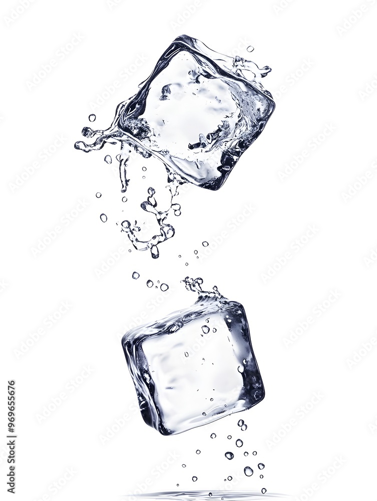 Poster icy liquid splashing and dripping from transparent frozen cubes against a minimalist white backgroun