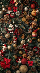 Naklejka premium A beautiful collection of red and gold Christmas baubles, pinecones, and glittering details on green pine branches, embodying holiday spirit and tradition.
