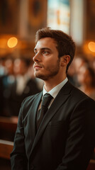 Groom in tuxedo standing in a church during a wedding ceremony.