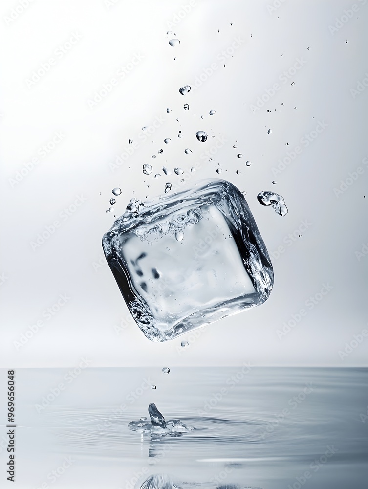 Poster image of a frozen ice cube splashing into transparent liquid creating rippling reflections and a dyn