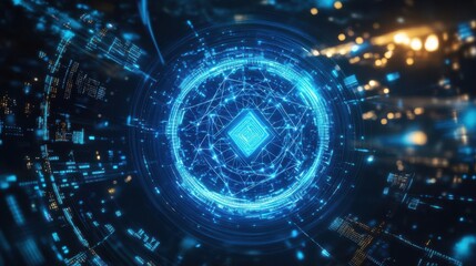Obraz premium Quantum computing core glowing with deep blue energy, surrounded by swirling data streams and geometric algorithmic patterns, in a highenergy cyberpunk space