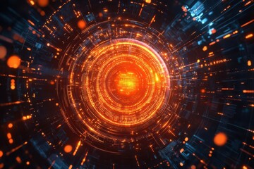 Obraz premium Quantum computing core pulsating with orange light, encircled by rapidly moving data streams and intricate algorithmic patterns, floating in a dark, futuristic space