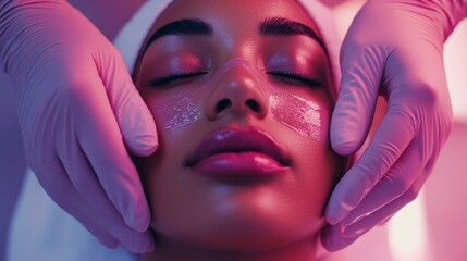 Close-up of a woman receiving a facial treatment.