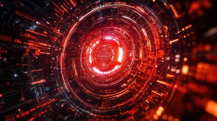 Quantum computing core pulsating with crimson energy, encircled by dynamic data streams and intricate algorithmic patterns, in a highenergy digital space