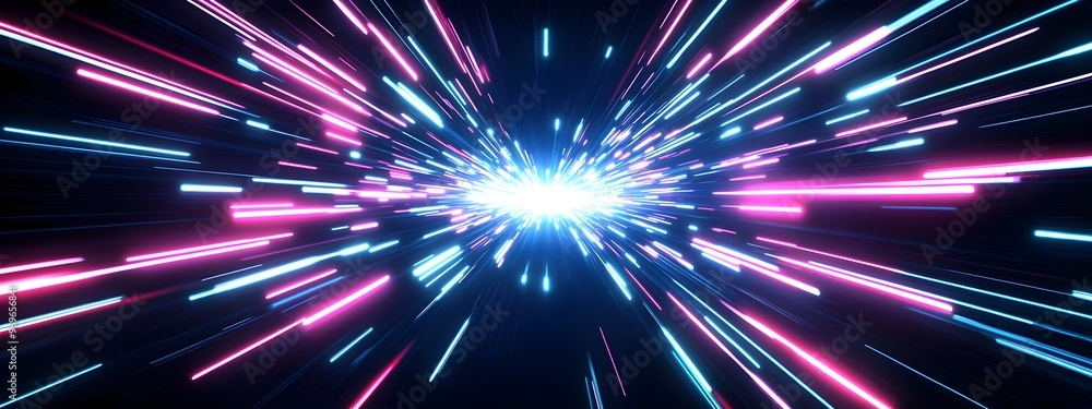 Poster kinetic abstract arrow speed motion light phenomenon with shimmering blue and pink luminous streaks 