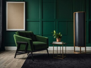 Black armchair set against a green wall with a square panel, offering a modern look.