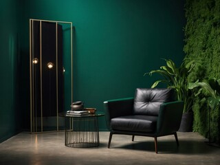 Black armchair set against a green wall with a square panel, offering a modern look.