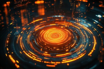Obraz premium Quantum computing core pulsating with orange light, encircled by rapidly moving data streams and intricate algorithmic patterns, floating in a dark, futuristic space