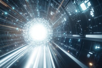 Quantum core emitting bright white energy, with geometric algorithmic patterns and vibrant data streams converging around it, within a sleek, hightech environment