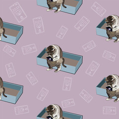 A pattern (infinite picture) of a cat meme - a cat is sitting and looking at the phone on the toilet. The illustration is made in pastel colors. The picture conveys a joke, humor, meme.