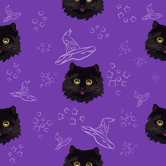 A pattern (infinite picture) of a cat meme - a black happy cat showing its tongue. The illustration is made in bright colors. The picture conveys a joke, humor, meme.