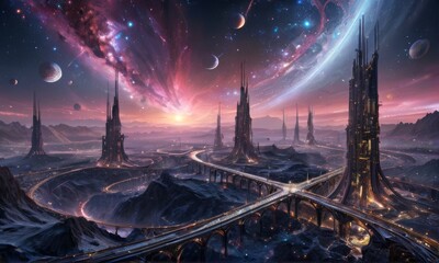 Futuristic Cityscape on Alien World with Cosmic Vortex