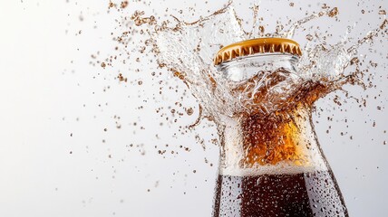 Cola splashing out of a bottle as it s opened, with fizzy bubbles erupting, Drink splash, refreshment, action