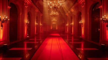 Obraz premium A long red carpet leads through a grand, dimly lit hallway, illuminated by warm light from chandeliers.