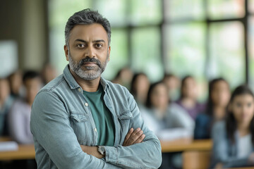 Obraz premium A 40-year-old male professor of Indian appearance stands in front of a class at a university. University study concept. Advertising banner.