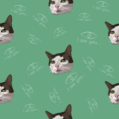 The pattern (infinite picture) of the cat meme is a white and brown cat smiling. The illustration is made in bright colors. The picture conveys a joke, humor, meme.