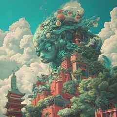 Fototapeta premium Majestic Fairytale Landscape with Pagoda Towers and Lush Foliage A surreal dreamy scene featuring a fantastical Asian inspired architecture amidst a serene
