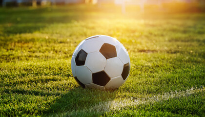 Fototapeta premium Football ball on grass, green field with sunlight. Professional competition and active sport.