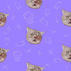 The pattern (infinite picture) of the cat meme is a gray, sad and tired cat. The illustration is made in pastel colors. The picture conveys a joke, humor, meme, sadness, fatigue.