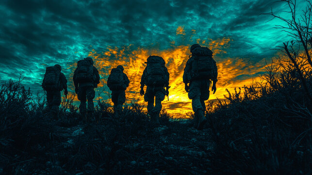 Silhouettes of soldiers walking through a field at sunset.