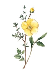 Drawing of a yellow flower and wild herb composed on a twig with leaves and flowers. Botanical illustration composition made from watercolors.