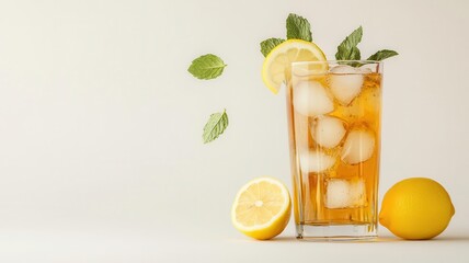 Fototapeta premium Ice tea splashing in a tall glass with lemon slices and mint leaves flying, Drink splash, refreshment, summer mood