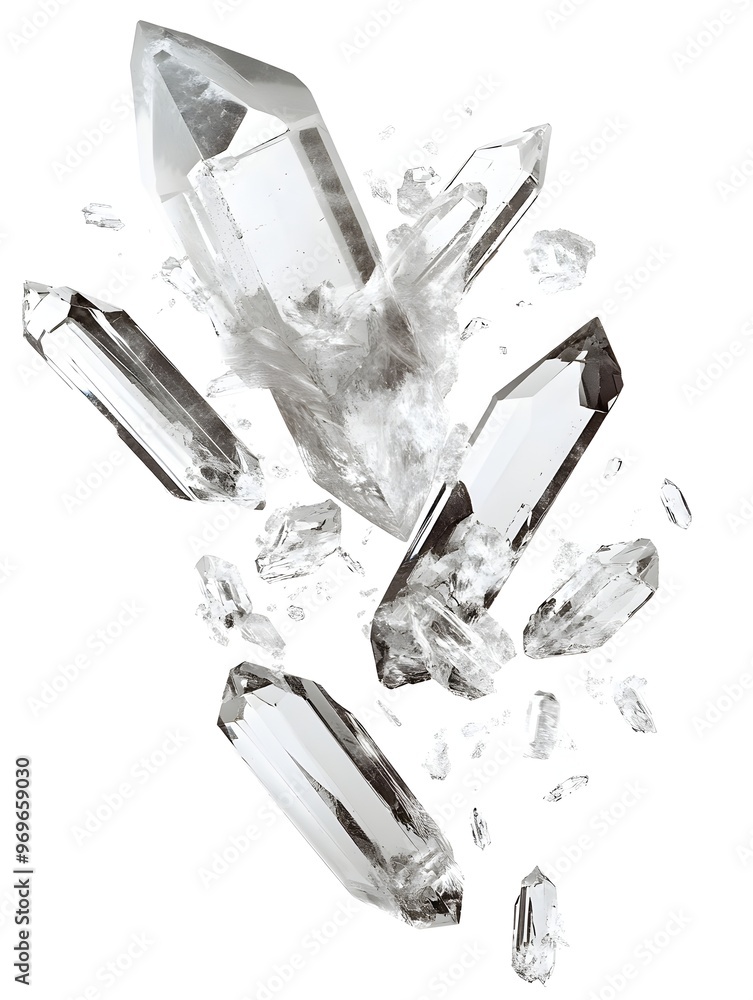 Aufkleber mesmerizing close up of a sparkling cluster of transparent quartz crystal formations in monochrome t