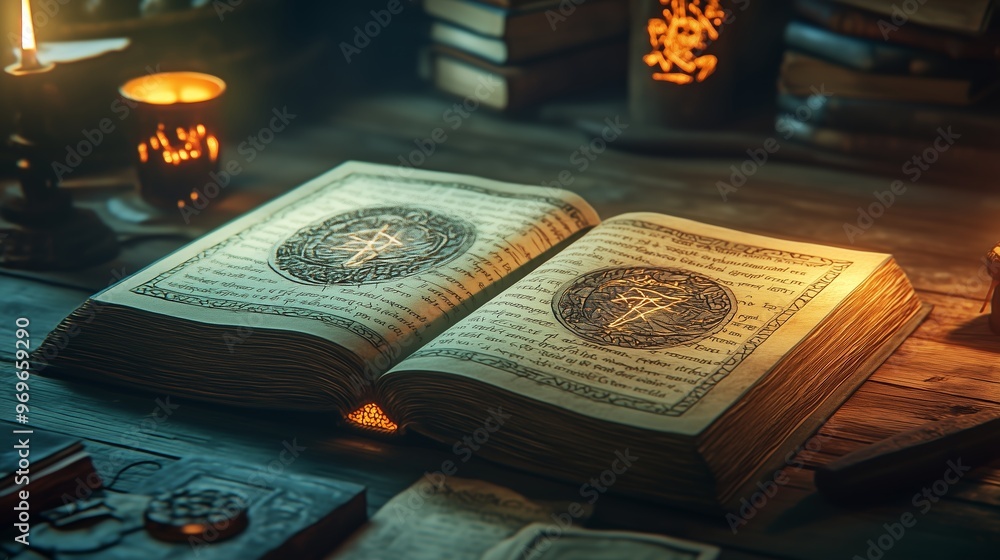 Poster an ancient book lies open on a wooden table illuminated by candlelight, surrounded by old texts and 