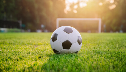 Fototapeta premium Football ball on grass, green field with sunlight. Professional competition and active sport.