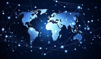 Fototapeta premium Digital Connections Surrounding the World on Blue Background, Representing Global Network and Connectivity 