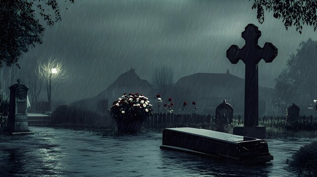 Funeral procession and coffin in graveyard at rainy evening