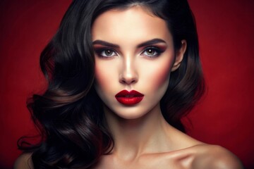 Fototapeta premium sensual glamour portrait of beautiful woman model lady with fresh daily makeup with red lips color and clean healthy skin face