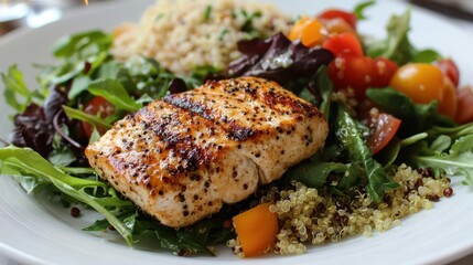 A perfectly balanced meal featuring lean protein, quinoa, and a fresh salad