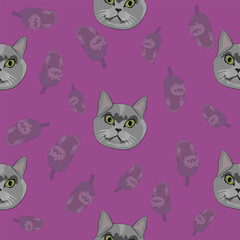 A pattern (infinite picture) of a cat meme - a gray angry cat is watching. The illustration is made in warm colors. The picture conveys a joke, humor, meme, anger, frustration.