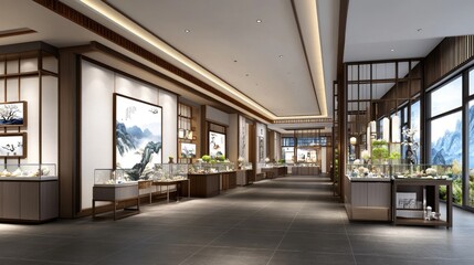 This spacious gallery hall exudes tranquility and elegance, showcasing modern Chinese landscape paintings under dim lighting, creating a serene viewing experience