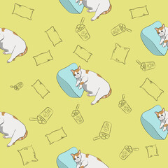A pattern (infinite picture) of a cat meme - a black and white cat sleeping. The illustration is made in pastel colors. The picture conveys a joke, humor, meme, pleasure, calmness.