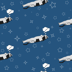 A pattern (infinite picture) of a cat meme - a black and white cat sleeping. The illustration is made in pastel colors. The picture conveys a joke, humor, meme, pleasure, calmness.
