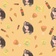 The pattern (infinite picture) of the cat meme is a brown fat cat. The illustration is made in pastel colors. The picture conveys a joke, humor, meme, pleasure, gluttony.