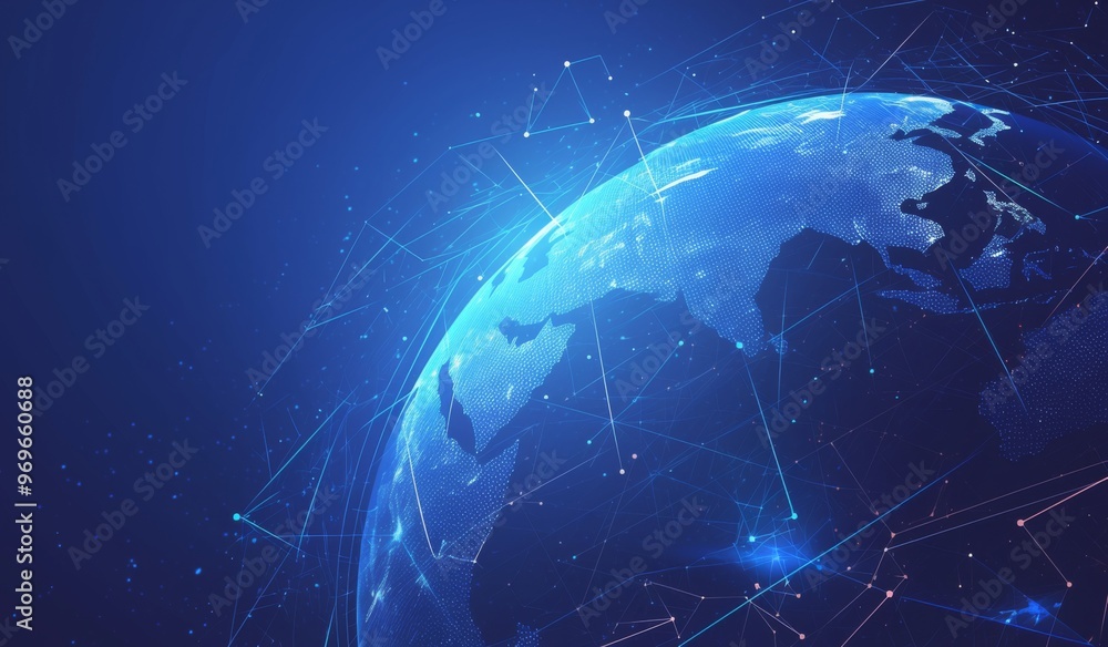 Poster a blue background with digital lines connecting the world, representing a global network and connect