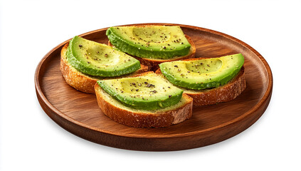A wooden plate with slices of avocado on toast, isolated on a white background