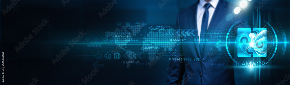 Poster businessman touch base with team members to structure a global network. effective teamwork ensures t