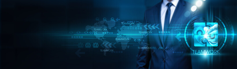 Businessman touch base with team members to structure a global network. Effective teamwork ensures that all members are globally connected. Collaboration and communication are key to a well-integrated