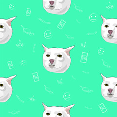 The pattern (endless picture) of the cat meme is a white cat in despair, without emotions. The illustration is made in pastel colors. The picture conveys a joke, humor, meme, despair.